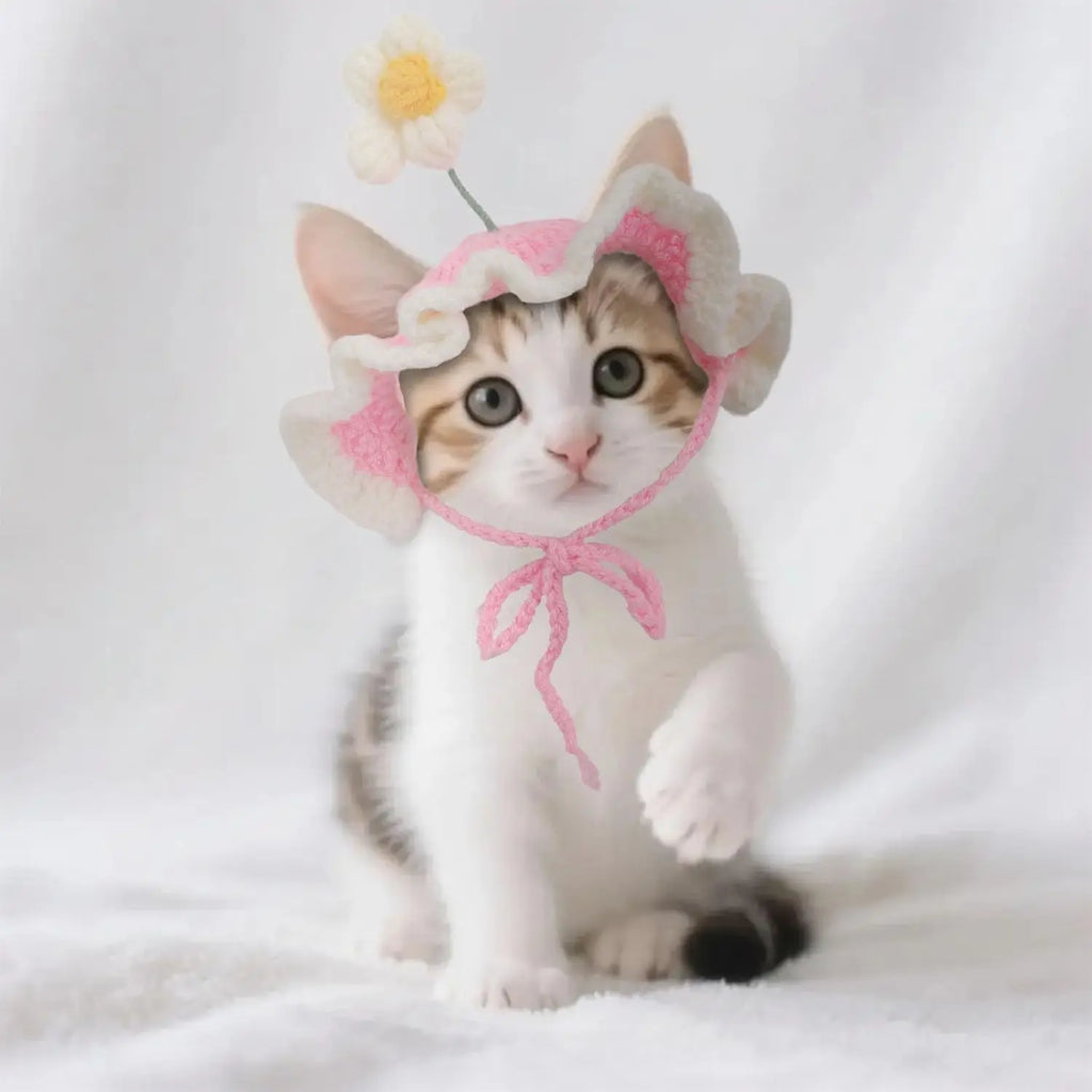 Cat Hat, Cute Flower Crochet Cat Hat Knitted Costume Headwear for Kitten Dog Puppy Pet Small Knit Cap Clothes Decoration