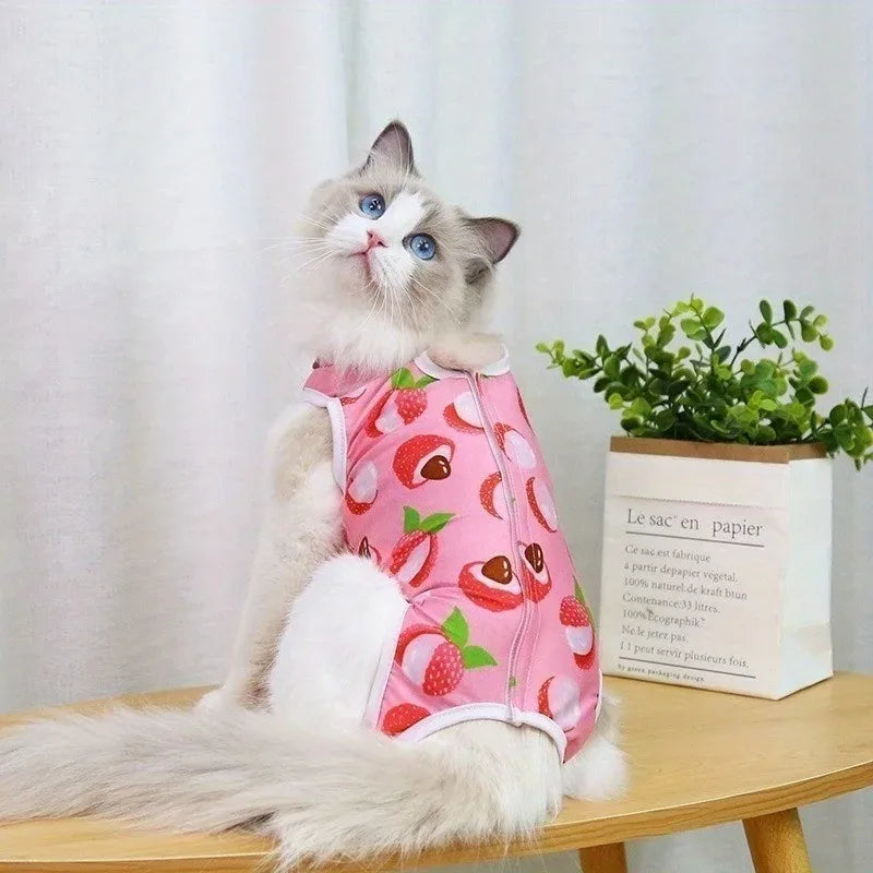Cat Recovery Suit - Post-Surgery Disinfectant Care Outfit Playful Pattern Design Breathable Mesh Fabric Mao supplies clothing