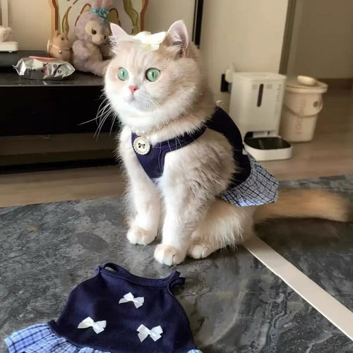 CatsPet Apparel Korean Style Dog Princess Skirt Breathable Thin Pet Strap Dress Bowknot Plaid Soft Pet Summer Clothes for Puppy