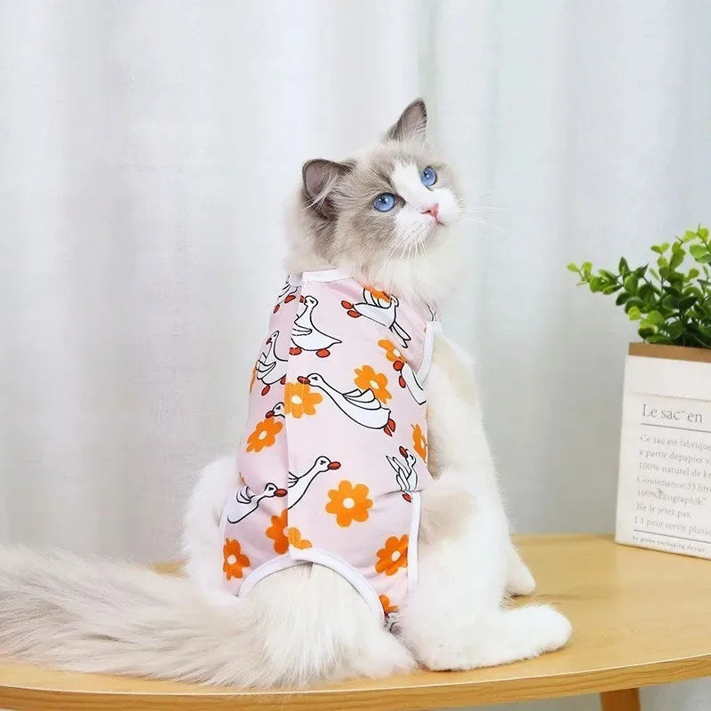 Cat Recovery Suit - Post-Surgery Disinfectant Care Outfit Playful Pattern Design Breathable Mesh Fabric Mao supplies clothing