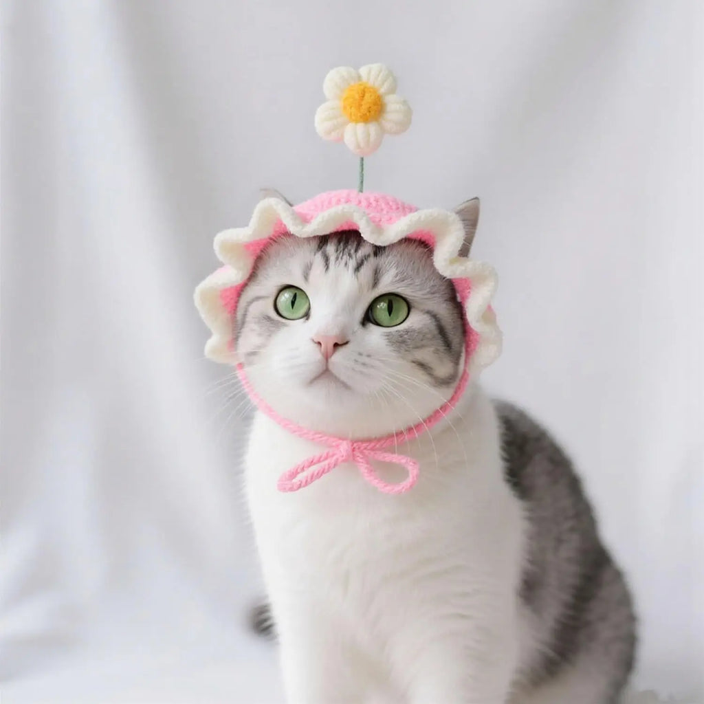 Cat Hat, Cute Flower Crochet Cat Hat Knitted Costume Headwear for Kitten Dog Puppy Pet Small Knit Cap Clothes Decoration