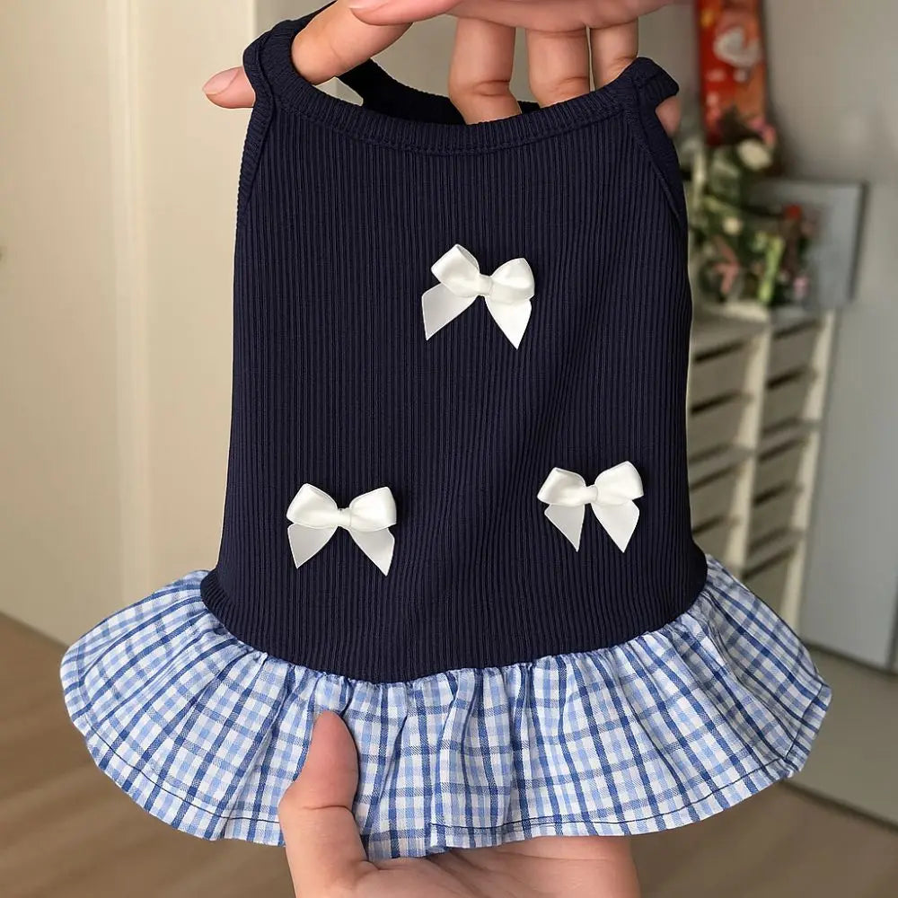 CatsPet Apparel Korean Style Dog Princess Skirt Breathable Thin Pet Strap Dress Bowknot Plaid Soft Pet Summer Clothes for Puppy