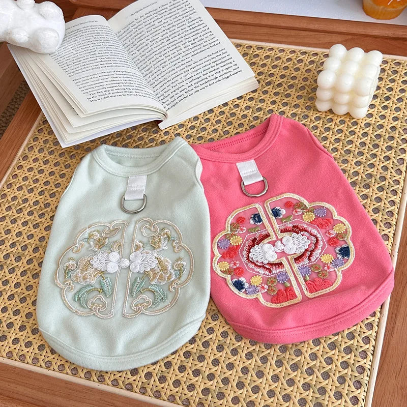 Pet Dog Cat Clothes Chinese Style Cute Creative Design Special Spring Summer Buckle Embroidered Vest Can Be Pulled