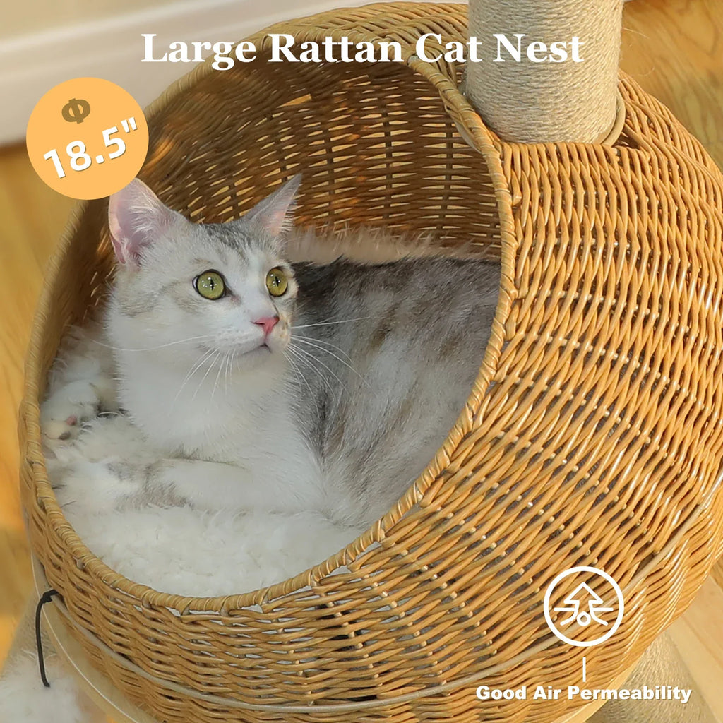 Whimsical Dinosaur Cat Tree Solid Tower with Pillow-Soft Plush Cushion,Removable Mat,Scratching Post, Generous Rattan Nest,116cm