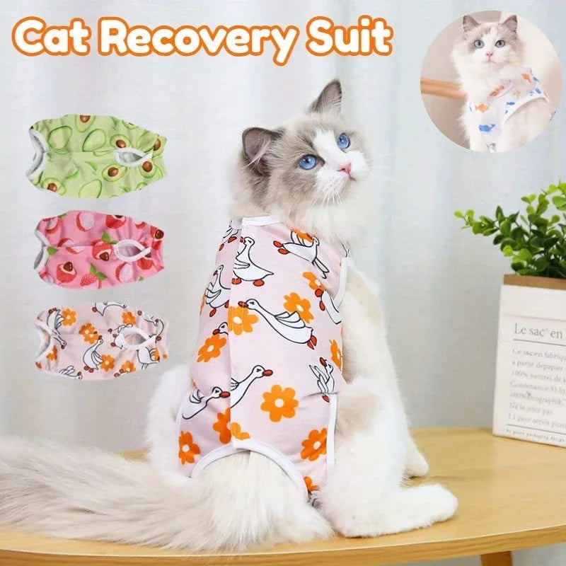 Cat Recovery Suit - Post-Surgery Disinfectant Care Outfit Playful Pattern Design Breathable Mesh Fabric Mao supplies clothing
