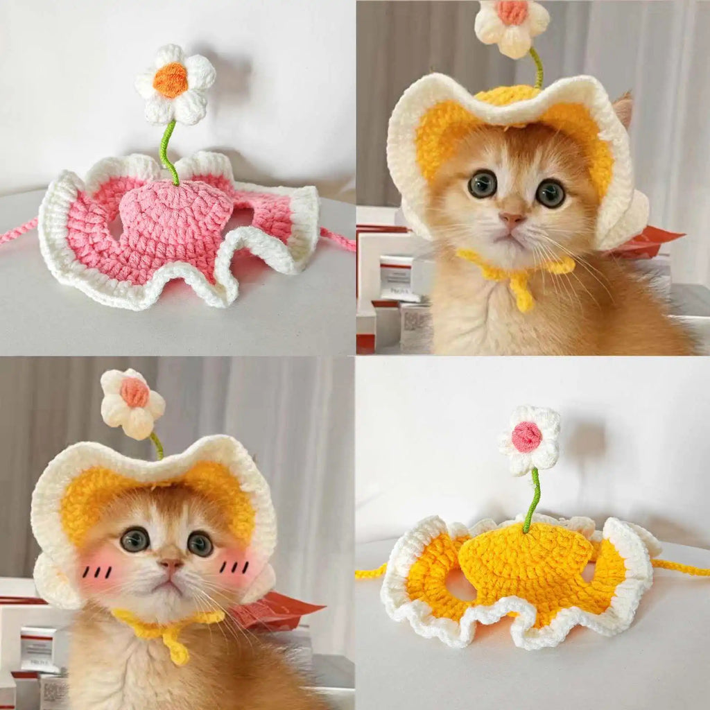 Cat Hat, Cute Flower Crochet Cat Hat Knitted Costume Headwear for Kitten Dog Puppy Pet Small Knit Cap Clothes Decoration