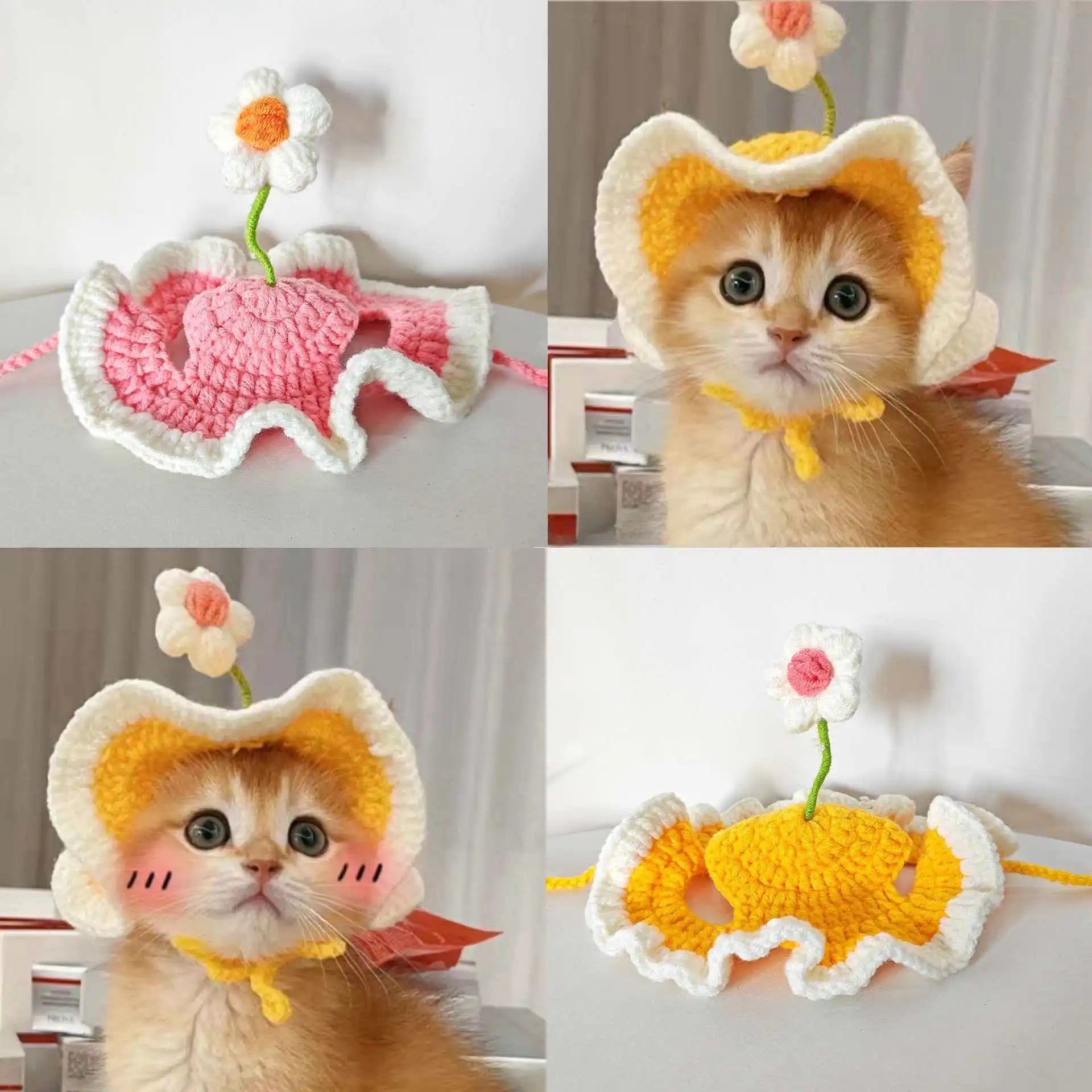 Cat Hat, Cute Flower Crochet Cat Hat Knitted Costume Headwear for Kitten Dog Puppy Pet Small Knit Cap Clothes Decoration
