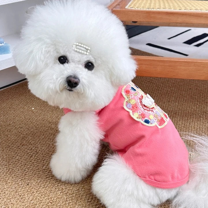 Pet Dog Cat Clothes Chinese Style Cute Creative Design Special Spring Summer Buckle Embroidered Vest Can Be Pulled