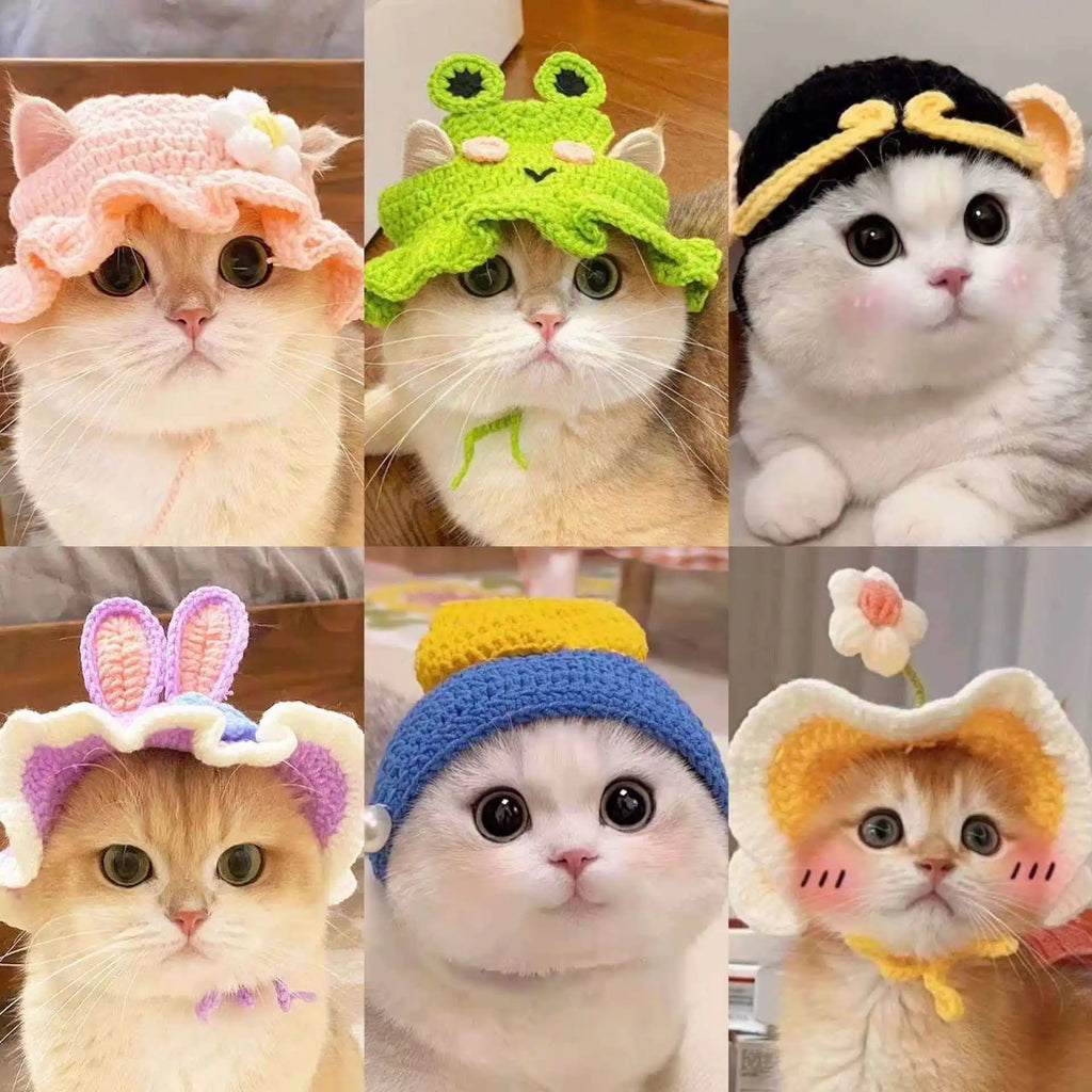 Cat Hat, Cute Flower Crochet Cat Hat Knitted Costume Headwear for Kitten Dog Puppy Pet Small Knit Cap Clothes Decoration