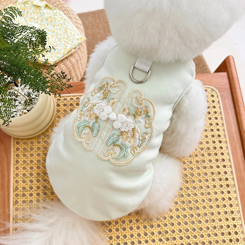 Pet Dog Cat Clothes Chinese Style Cute Creative Design Special Spring Summer Buckle Embroidered Vest Can Be Pulled