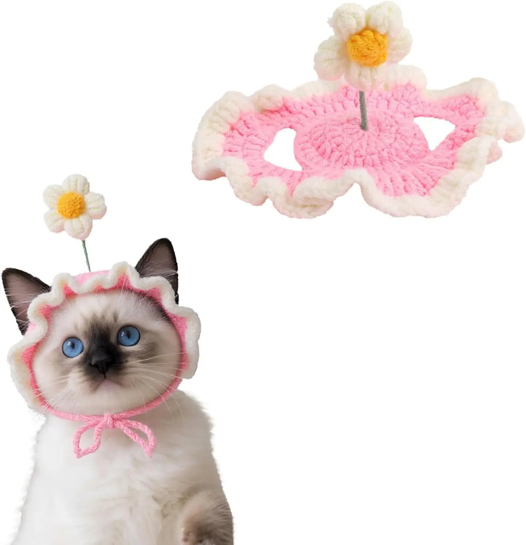Cat Hat, Cute Flower Crochet Cat Hat Knitted Costume Headwear for Kitten Dog Puppy Pet Small Knit Cap Clothes Decoration