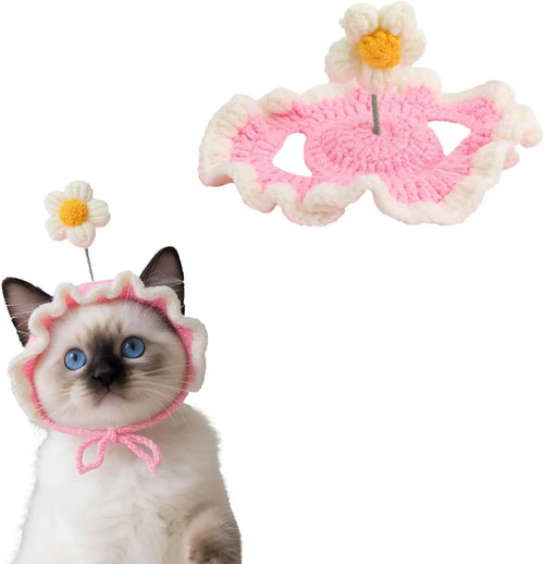 Cat Hat, Cute Flower Crochet Cat Hat Knitted Costume Headwear for Kitten Dog Puppy Pet Small Knit Cap Clothes Decoration