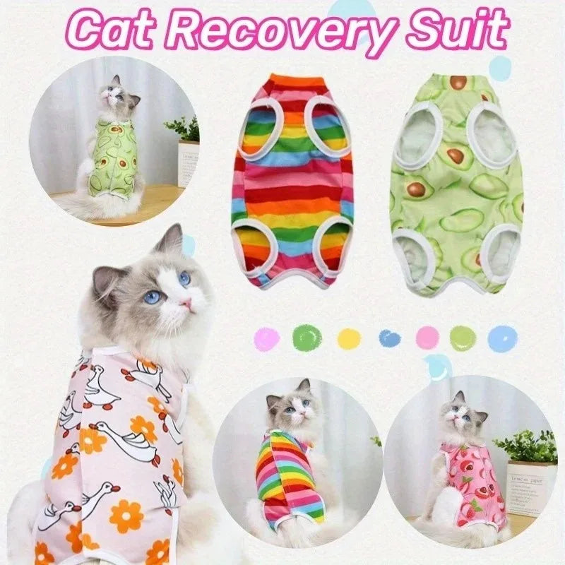 Cat Recovery Suit - Post-Surgery Disinfectant Care Outfit Playful Pattern Design Breathable Mesh Fabric Mao supplies clothing