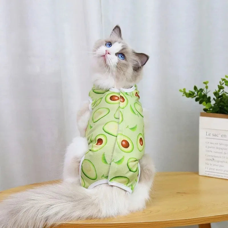 Cat Recovery Suit - Post-Surgery Disinfectant Care Outfit Playful Pattern Design Breathable Mesh Fabric Mao supplies clothing