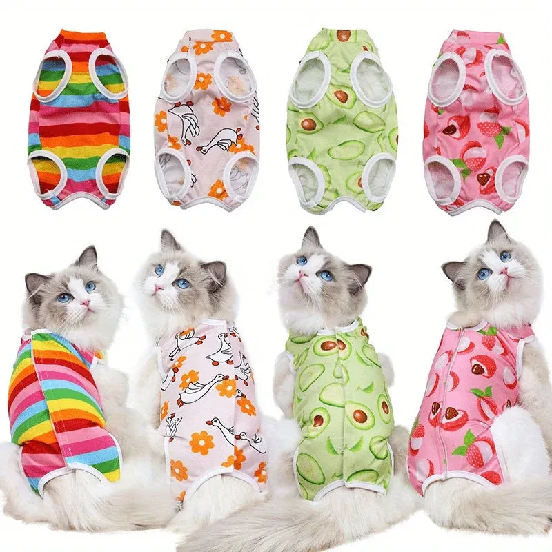 Cat Recovery Suit - Post-Surgery Disinfectant Care Outfit Playful Pattern Design Breathable Mesh Fabric Mao supplies clothing