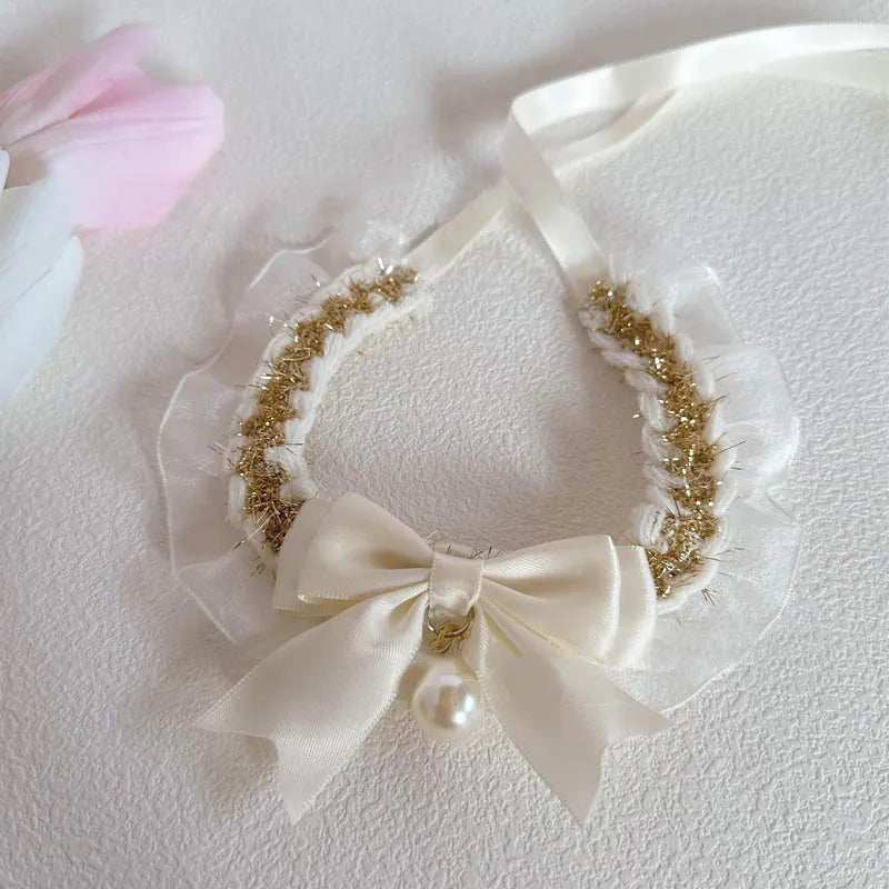 Pearl Dog Collar Jewelled Silk Wedding Cat Puppy Ribbon Scarf Pendant Pet Bows Necklace Satin New Kitten Accessories Bowtie Gift