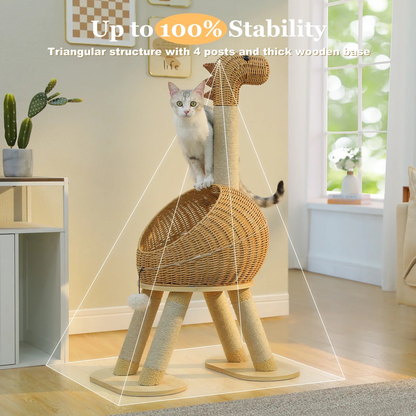 Whimsical Dinosaur Cat Tree Solid Tower with Pillow-Soft Plush Cushion,Removable Mat,Scratching Post, Generous Rattan Nest,116cm