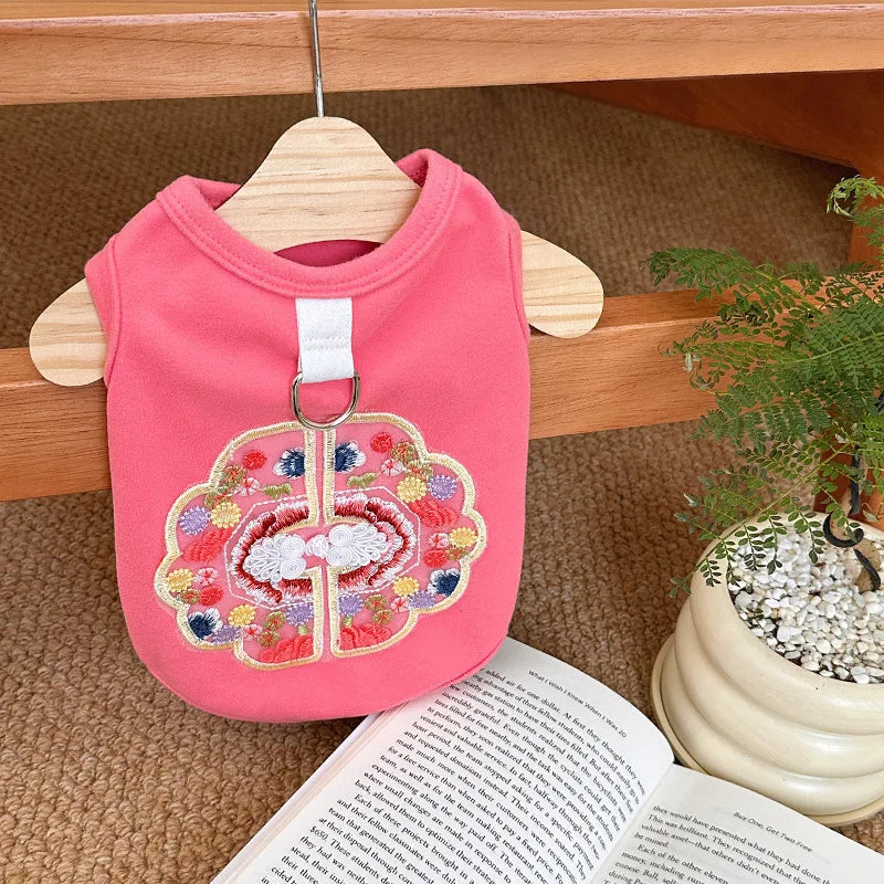 Pet Dog Cat Clothes Chinese Style Cute Creative Design Special Spring Summer Buckle Embroidered Vest Can Be Pulled