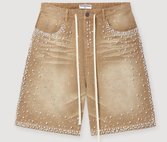 Vale Pearl-Embellished Distressed Denim Shorts