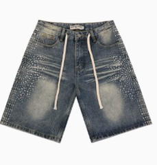 Vale Siren Rhinestone Crosshatch Distressed Denim Shorts